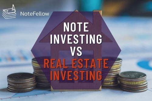 Photo of Money Pile with Words "Note Investing vs Real Estate Investing"